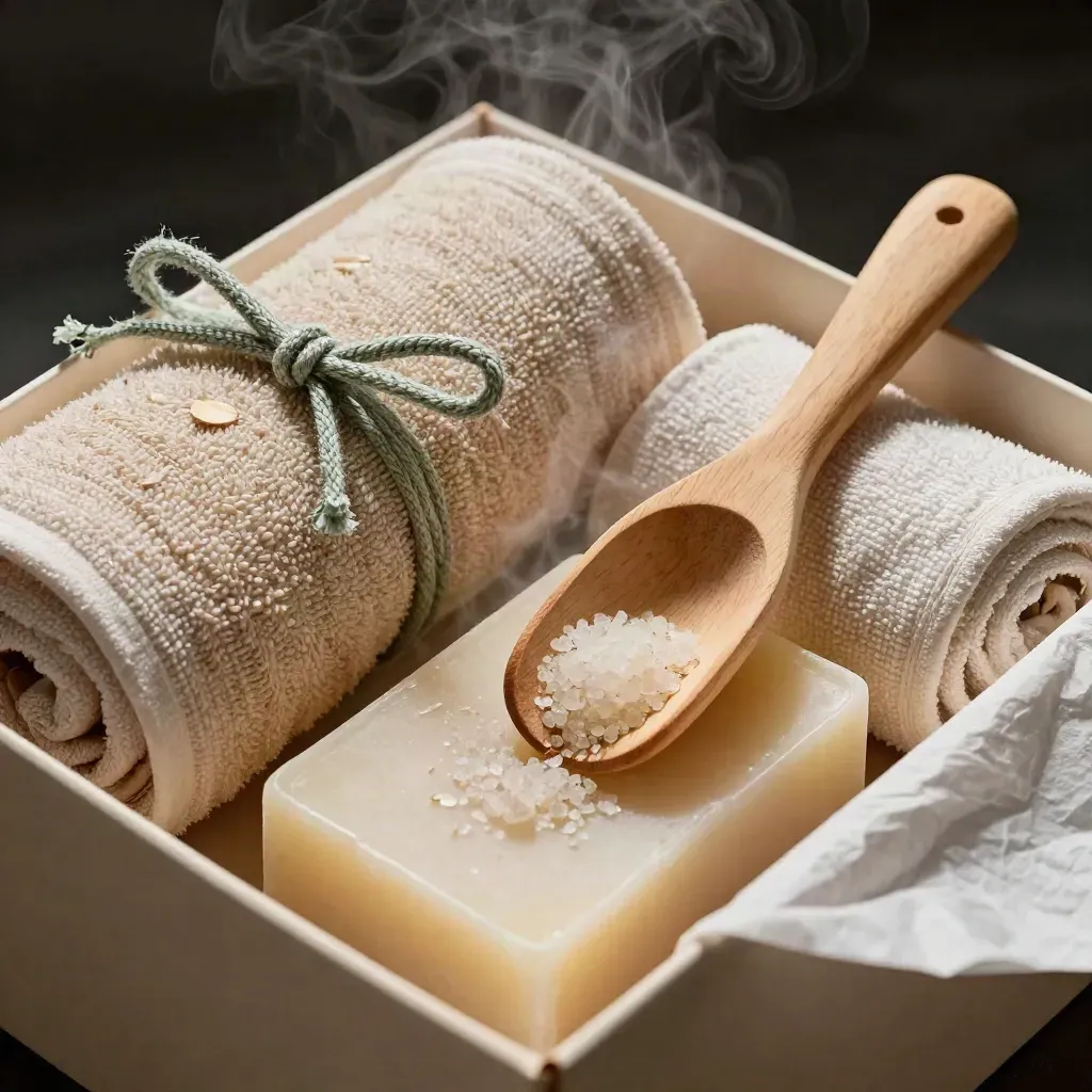 Extreme macro of a spa gift kit: towel wrap, soap, wooden scoop and bath soak in soft steam.