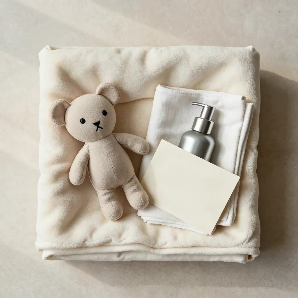 Overhead flatlay of a baby welcome box with blanket, toy, cloth and lotion bottle on pale stone.