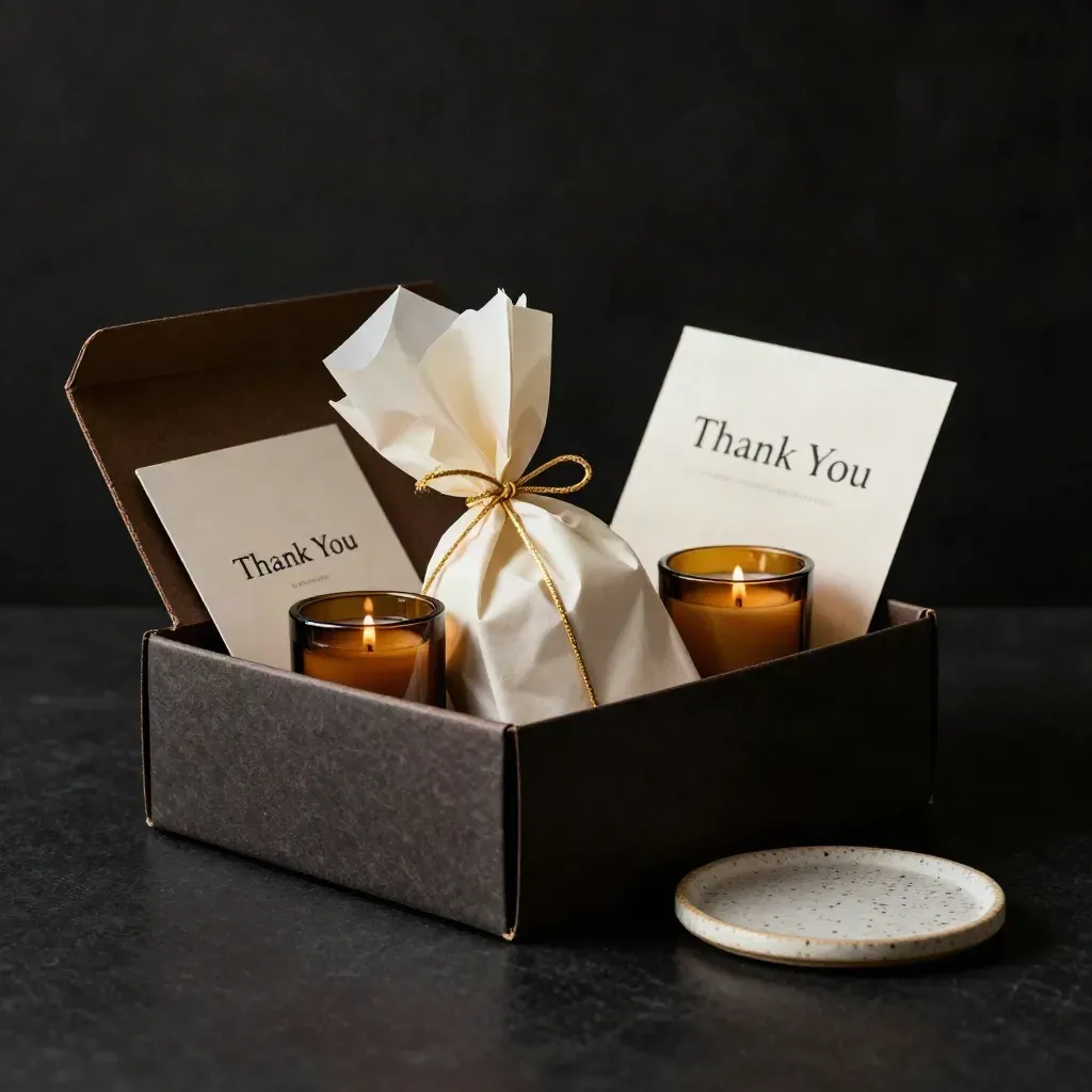 Open thank-you gift kit with candle, snack, card and coaster on a dark studio surface.