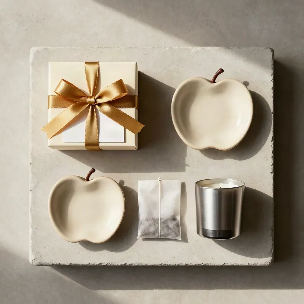 Overhead teacher thank-you gift set with box, apple dish, tea, candle, ribbon and card on stone.