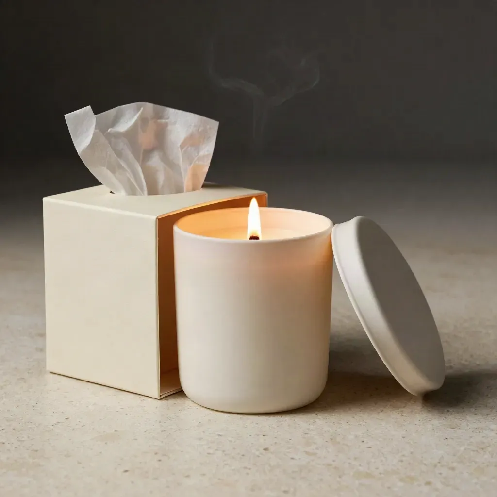 Open scented candle box with lit soy candle, ceramic lid and tissue on travertine