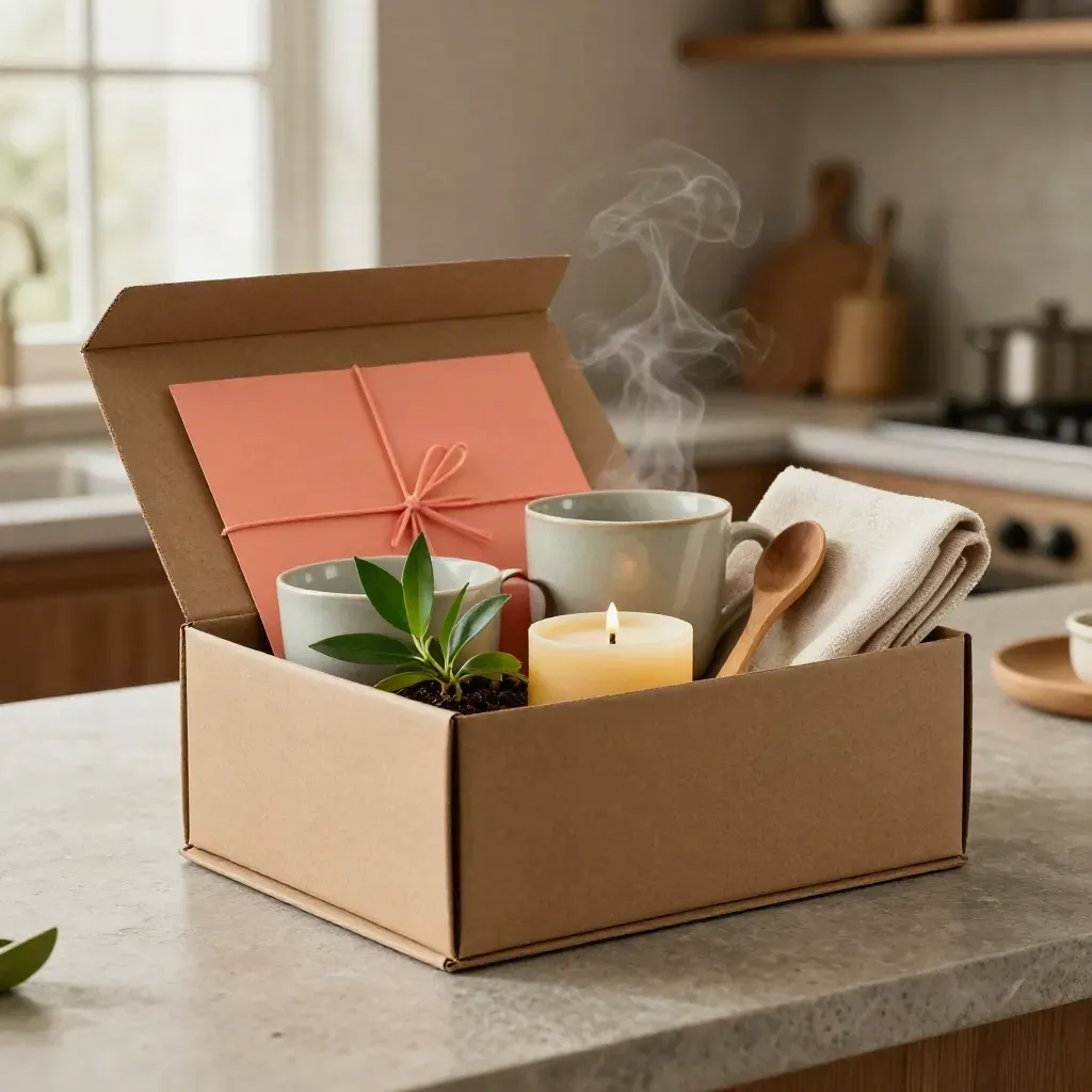 Open housewarming gift box with mug, candle, spoon, plant cutting and steam on stone counter