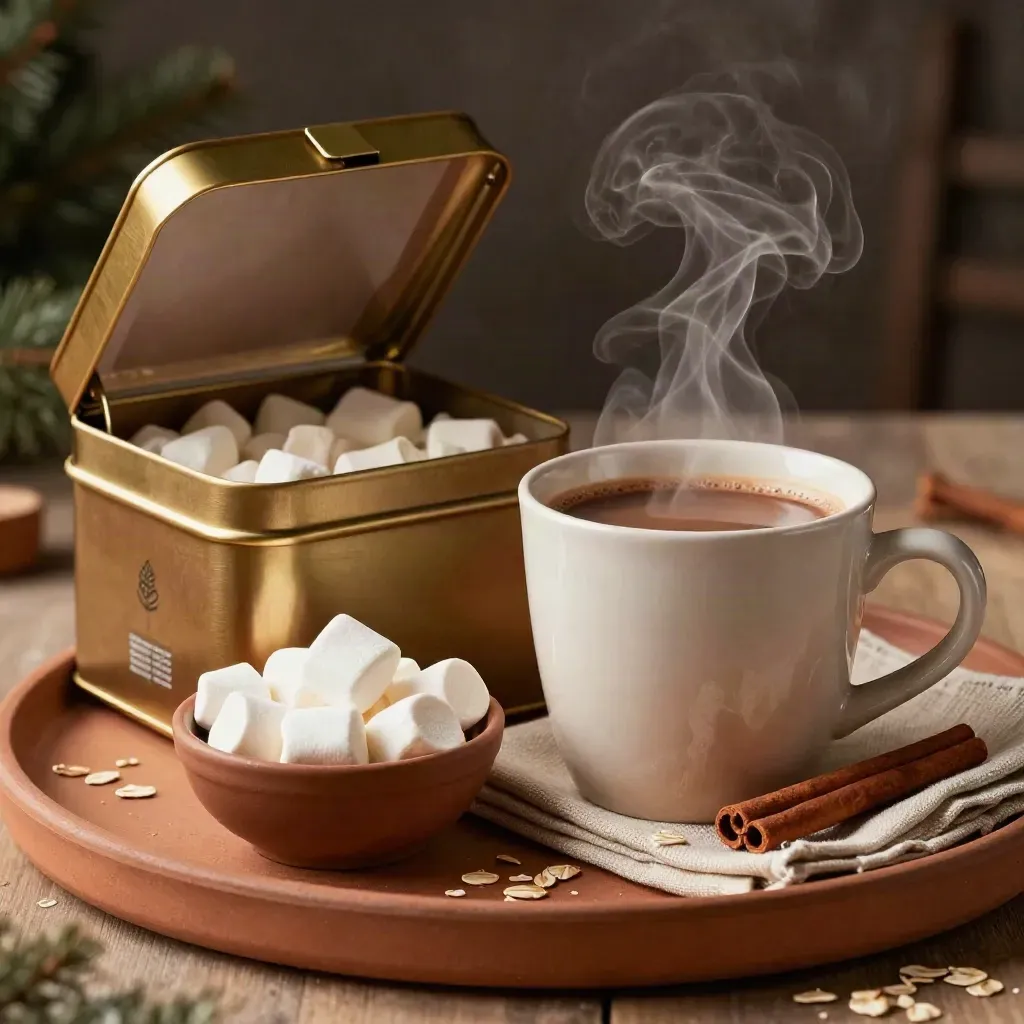 Open cocoa gift box with mug, marshmallows, cinnamon sticks, and steam on a clay surface