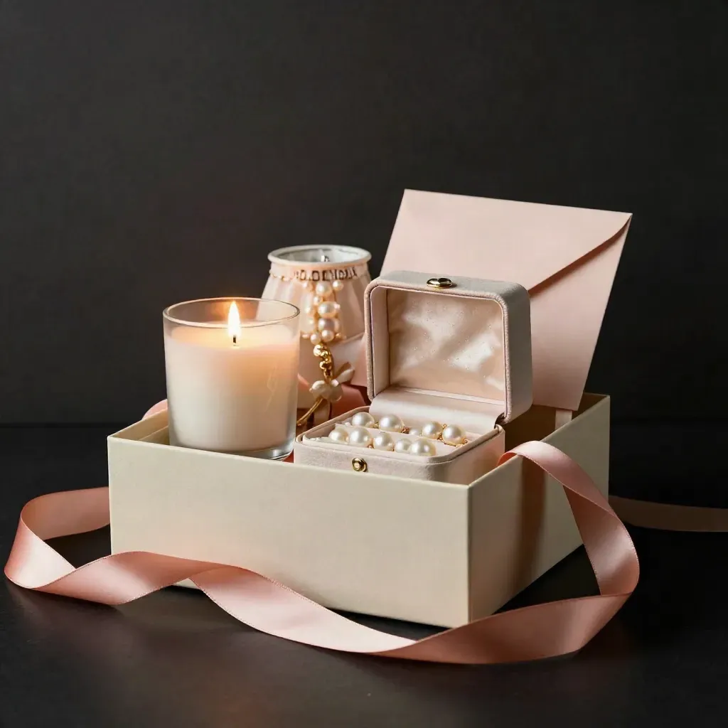 Bride squad gift set with ribbon, candle, jewelry box and card envelope on black studio surface