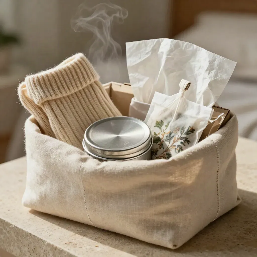 Close-up of a get-well gift kit with tea, balm, socks, tissue, and a cream cloth liner.