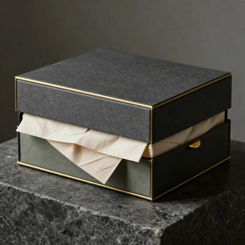 Graphite gift box with tissue, brass detail and wrap on a dark stone plinth