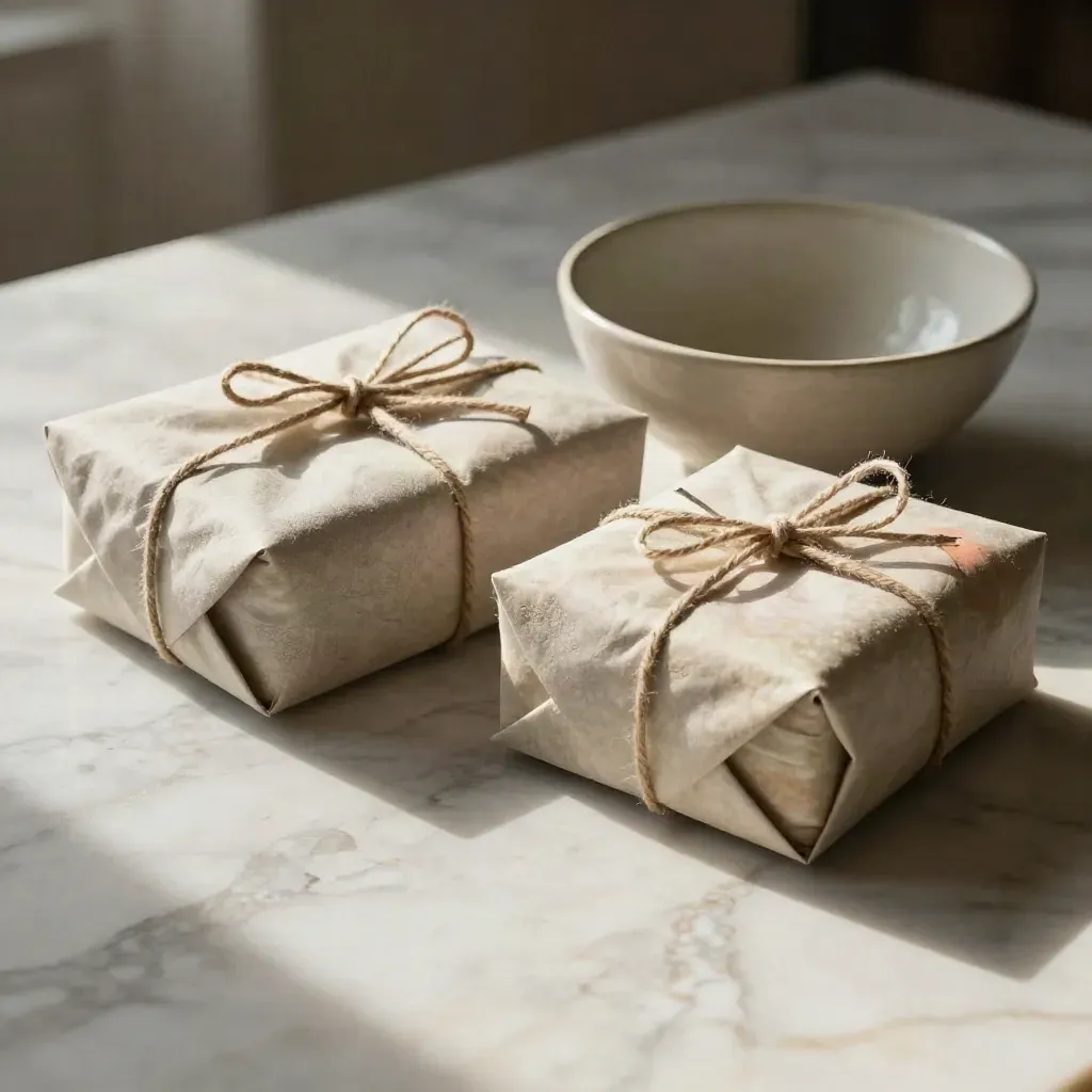 Sunlit marble backdrop with wrapped parcels and bowl, calm copy space below.